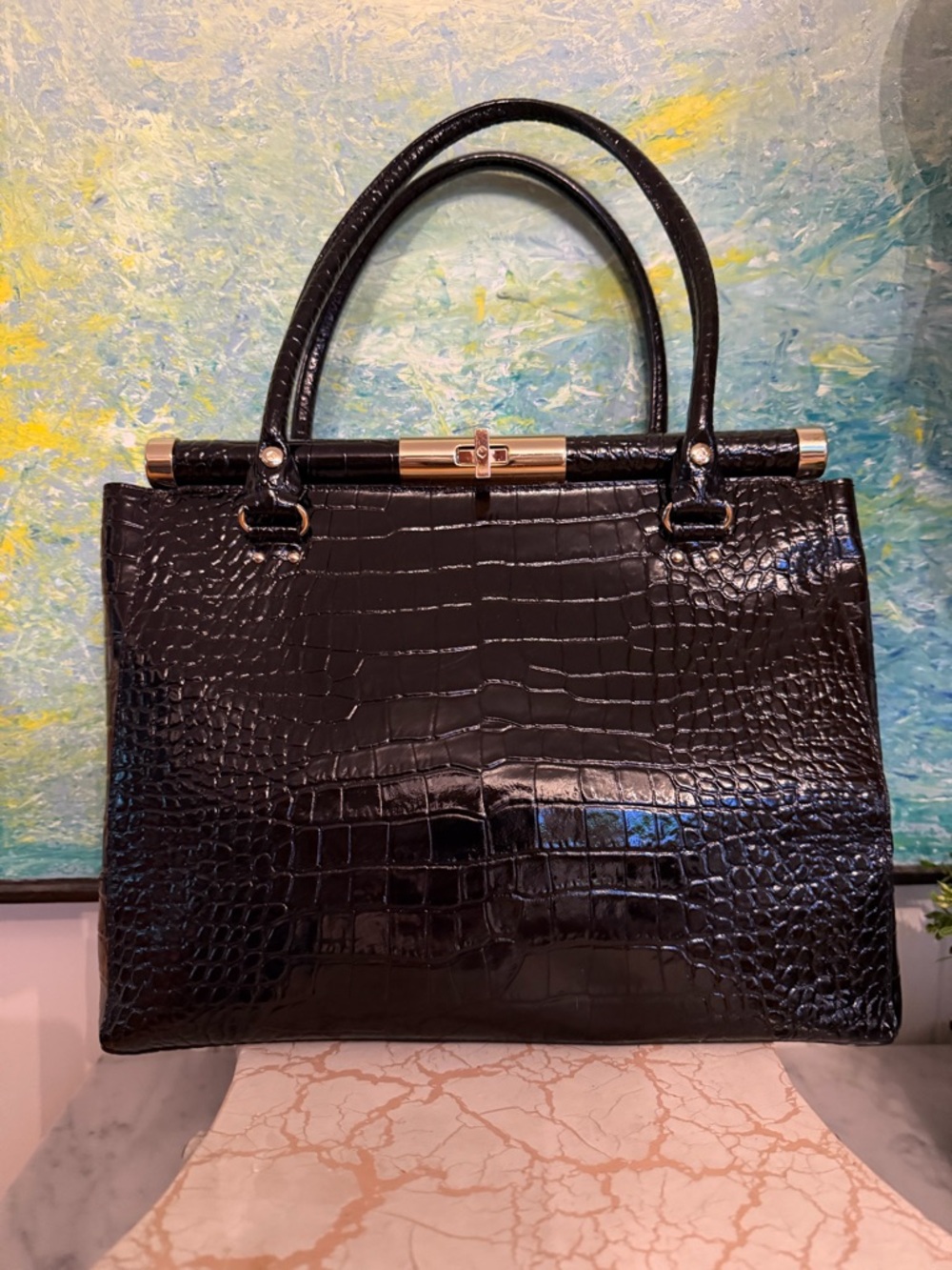 kate spade Black Croc-Embossed Satchel with Gold Hardware